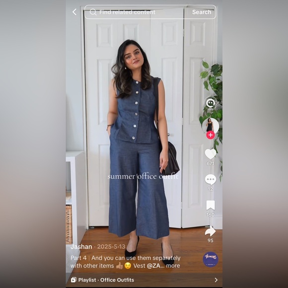 Tailored Sleeveless Button-Front Denim Vest & Wide-Leg Pants Set - Denim - Picture 2 of 15